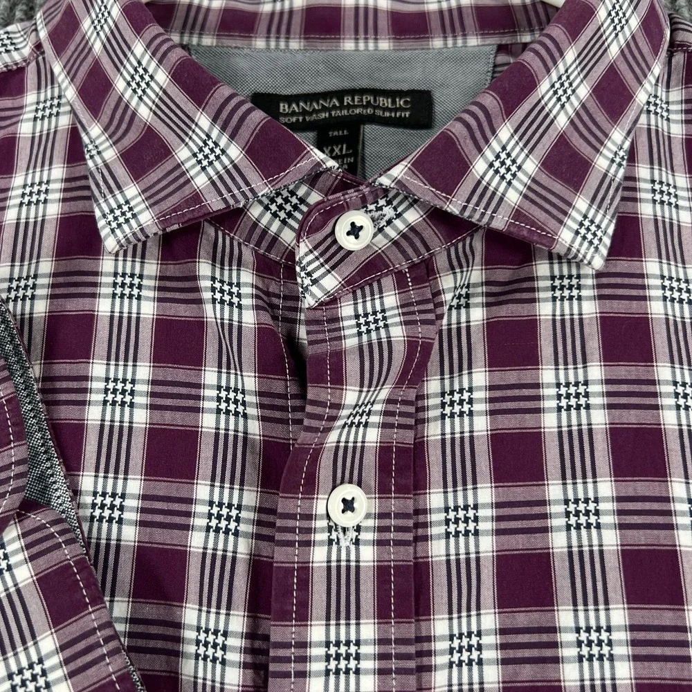 Banana Republic Shirt Mens 2XLT XXL Tall Purple Plaid Long Sleeve Button Up‎